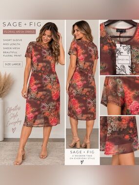 Sage + Fig Brown Floral Mesh Midi Dress with Pink Accents